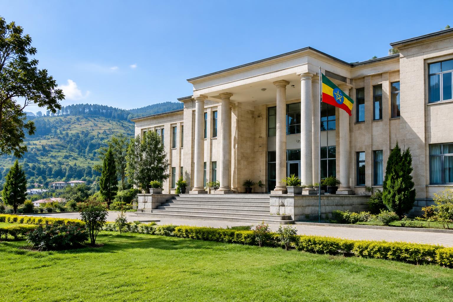 Illustrative civic office building in the Oromia highlands